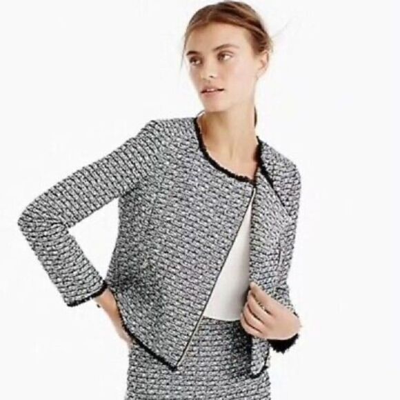 J. Crew Tweed Fringe Hem Zip Front Moto Blazer Jacket Black Size 6 - Picture 2 of 16